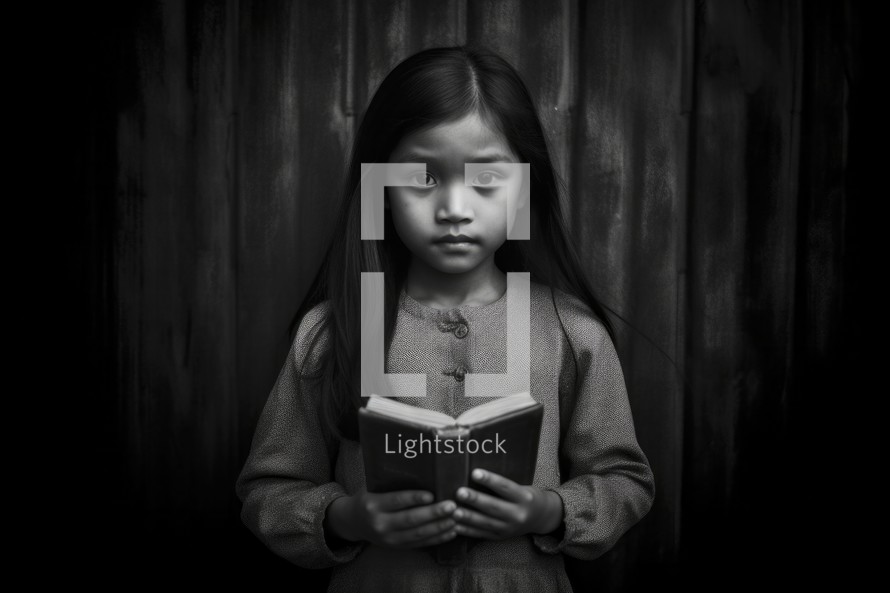 Little girl with a bible in her hands on a dark background. Black and white