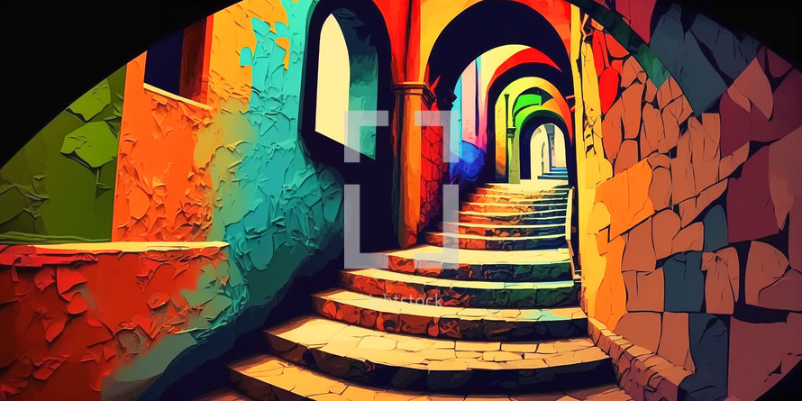 Abstract painting concept. Colorful art of stairs in a building.