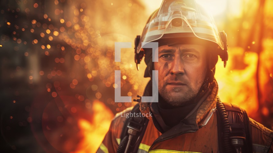 A man wearing a firemans helmet stands bravely in front of a raging fire, prepared to battle the flames with determination and courage. The intense heat and billowing smoke create a dangerous environment, but the firefighter remains resolute in his duty to protect and serve.