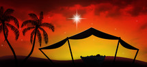 Christmas scene with manger under a tent 