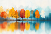 Impressionist-style autumn landscape with vibrant trees reflecting on calm water, capturing serene and tranquil fall colors.