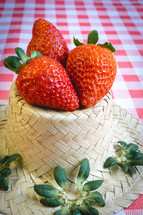 Fresh strawberries decorated on a straw hat. on a red picnic blanket.