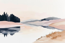 Serene minimalist landscape painting, lake reflection, muted tones, modern art.
