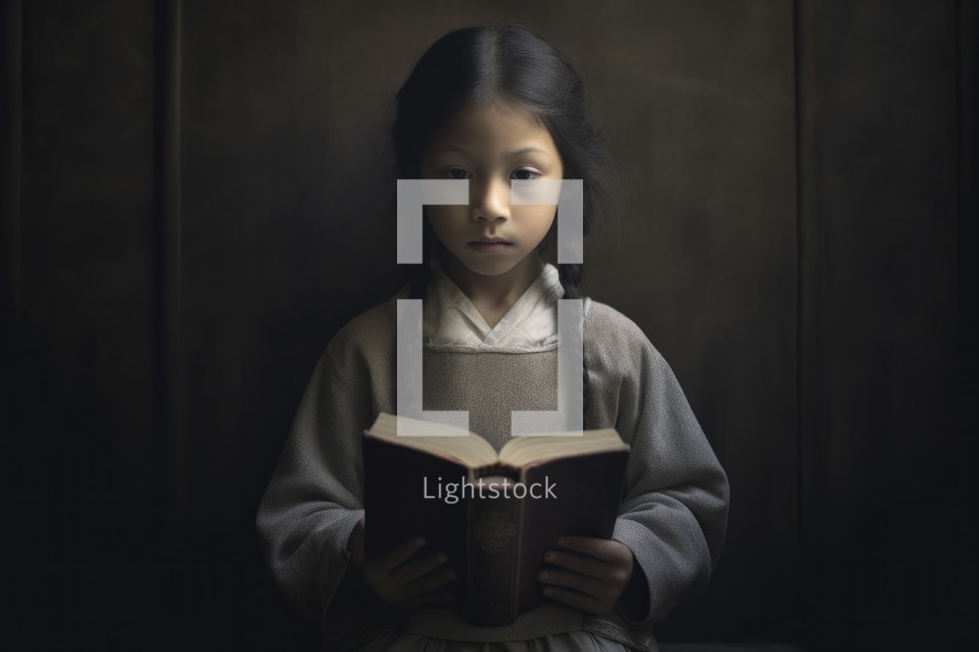 Little asian girl reading the bible