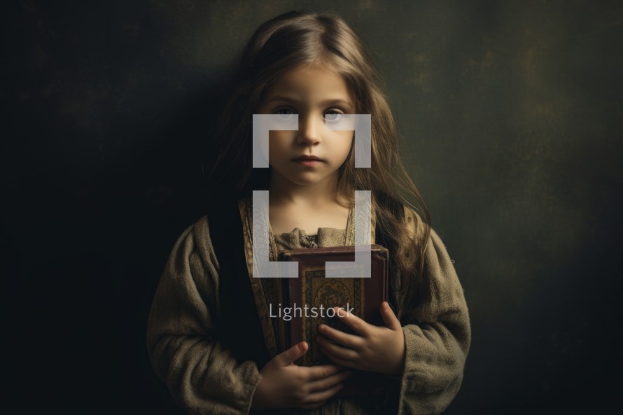 Portrait of a little girl with a bible in her hands on a dark background