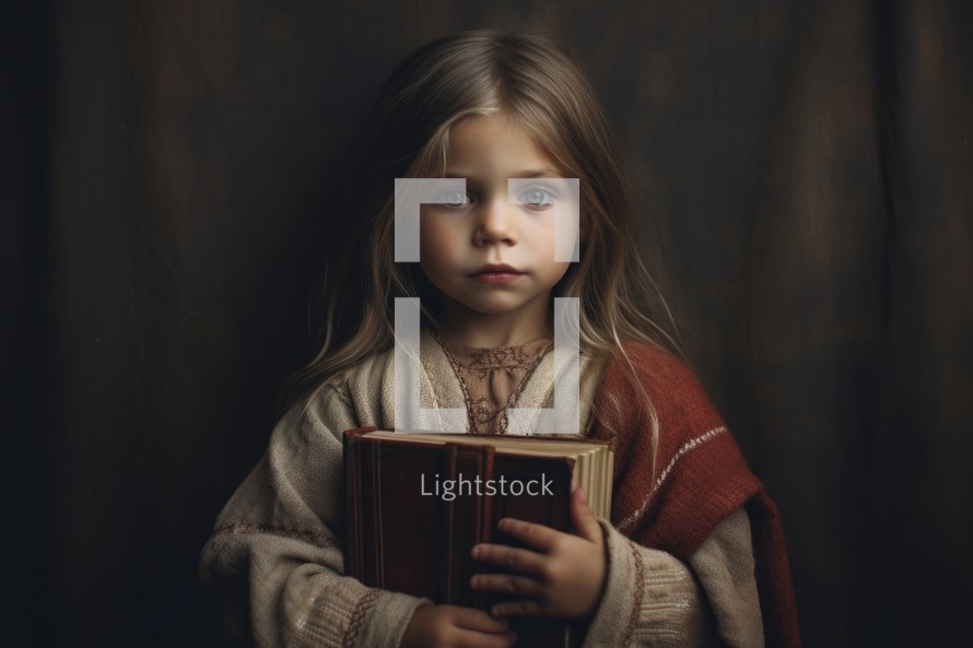 Little girl with a bible in her hands on a dark background.