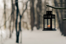 candle in a lantern hanging on a branch in winter 
