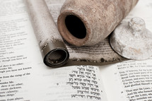 Hebrew/English Bible opened in the Book of Isaiah - One of the Scrolls Found at the Dead Sea (Qumran)
