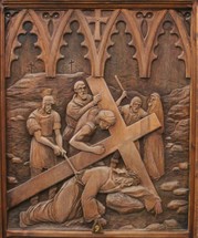 Wooden carving, stations of the cross 9, Jesus falls a third time 
