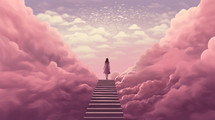 Woman at the top of stairs in the clouds. Surreal. 