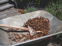 a shovel with mulch from a wheelbarrow in a garden