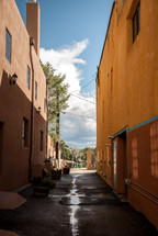 wet alley between two buildings 