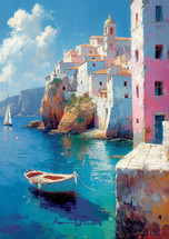 Vibrant coastal painting of a Mediterranean village with clear blue waters and a moored boat.