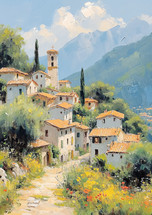 Oil painting of an idyllic Italian village amidst lush greenery and mountains under a blue sky.