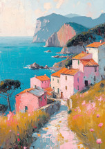 Coastal Italian village with pastel-colored houses overlooking the turquoise sea, vividly depicted in textured impressionistic style.