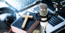 Christian podcast studio interior. preacher reads the bible online, records a podcast, online radio broadcast