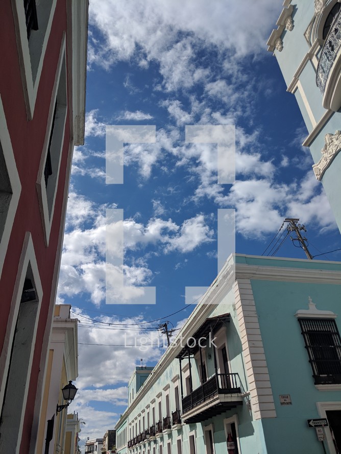 colorful buildings under a blue sky 