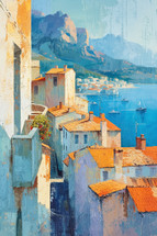 Coastal village painting with textured houses and sea backdrop, expressionist style, Mediterranean setting.
