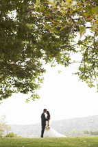 bride and groom standing together under a tree