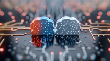 Close-up of two cloud icons on a digital circuit board, representing cloud computing, data storage, and technology. Futuristic and high-tech concept.