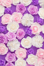 Bed of pink and white Flowers flay layer background