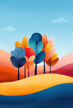 Stylized pop art landscape featuring vibrant autumn trees with colorful leaves against a backdrop of rolling hills and a clear blue sky, capturing the essence of fall.