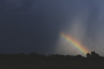 Thunderstorm over a soybean field with a rainbow.