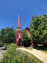 red church building 