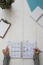woman writing goals on a calendar journal 
