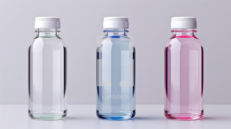 Three clear plastic bottles with white caps, containing liquids in green, blue, and pink hues, neatly arranged on a white surface. Ideal for themes of hydration, beverages, and minimalism.