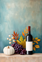 Autumn-themed still life with a wine bottle, grapes, white pumpkin, and fall leaves, perfect for seasonal celebrations and Thanksgiving decor.