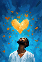 Joyful man with eyes closed, surrounded by vibrant orange hearts against a blue background, symbolizing divine love, joy, and spiritual connection in Christian faith.