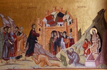 Painting of Jesus, raising Lazarus from the dead. Podgorica Orthodox Cathedral, Montenegro.