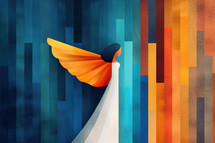 Abstract representation of an angel with vibrant orange wings, set against a multicolored background, symbolizing divine presence and grace in a modern design.