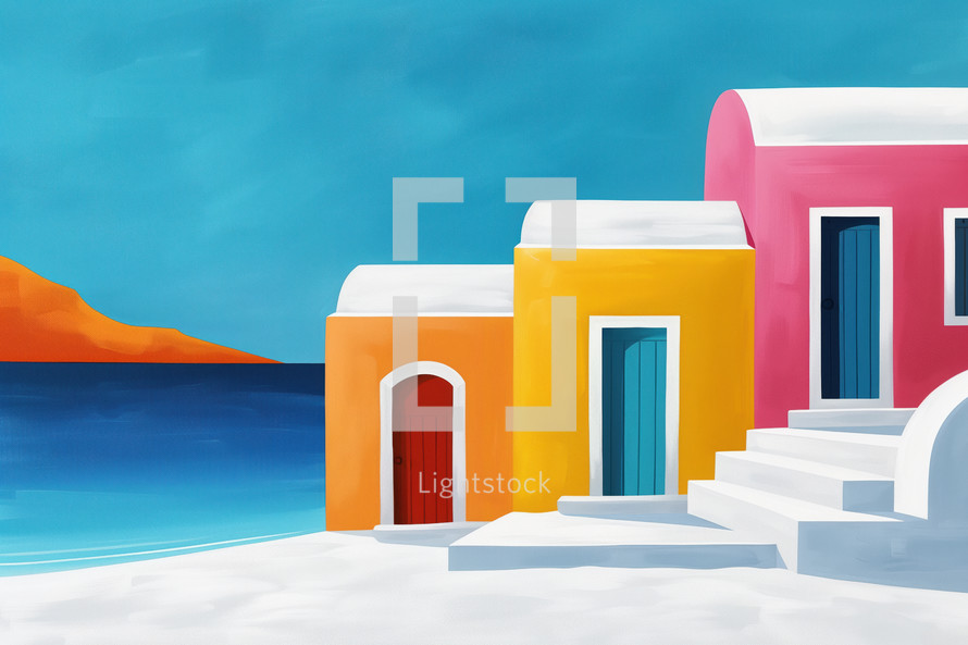 Vibrant Mediterranean scene with colorful houses and white roofs by the sea, set against a blue sky and distant orange mountain, in minimalist style.