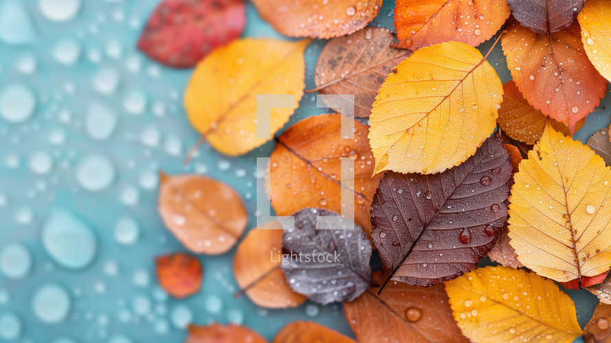 Close-up of vibrant autumn leaves in shades of yellow, orange, and red, scattered across a surface with water droplets, creating a fresh, textured background.