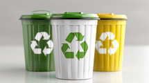 Three recycling bins in green, white, and yellow, each with prominent recycling symbols. Ideal for promoting environmental responsibility and recycling efforts.