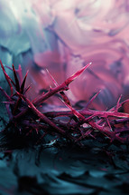 An evocative and detailed image of a crown of thorns depicted with a dramatic contrast of deep purples and blues against a soft, blurred background, symbolizing the Passion of Christ.