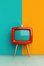 Vintage red TV with antennas placed against a bold turquoise and yellow background, creating a retro and modern minimalistic design.