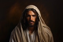 Realistic Jesus Christ on dark background, close-up portrait