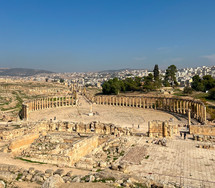 The Greco-Roman city of Gerasa and the modern Jerash in the background in Jerash, Jordan.