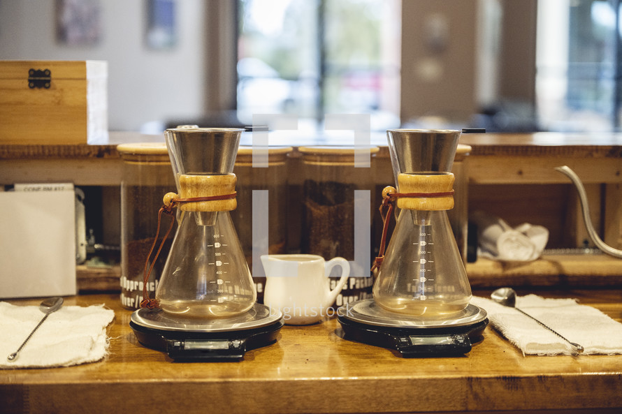 Pour over coffee makers at a church coffee shop.