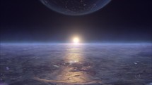 Future earth horizon as sun rises and planet approaches