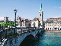 Bridge in Zurich looking towards a church