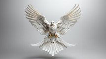 A white dove spreads its wings in a white studio.