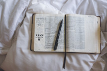 pen on an open Bible 