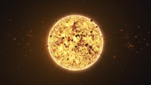 3D animation of the sun, solar flares, dynamic surface, and drifting meteor space debris.	