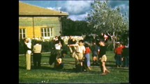 Menashe Heights, Israel, Circa 1940's. Film footage of people dancing Israeli folk dances in a kibbutz