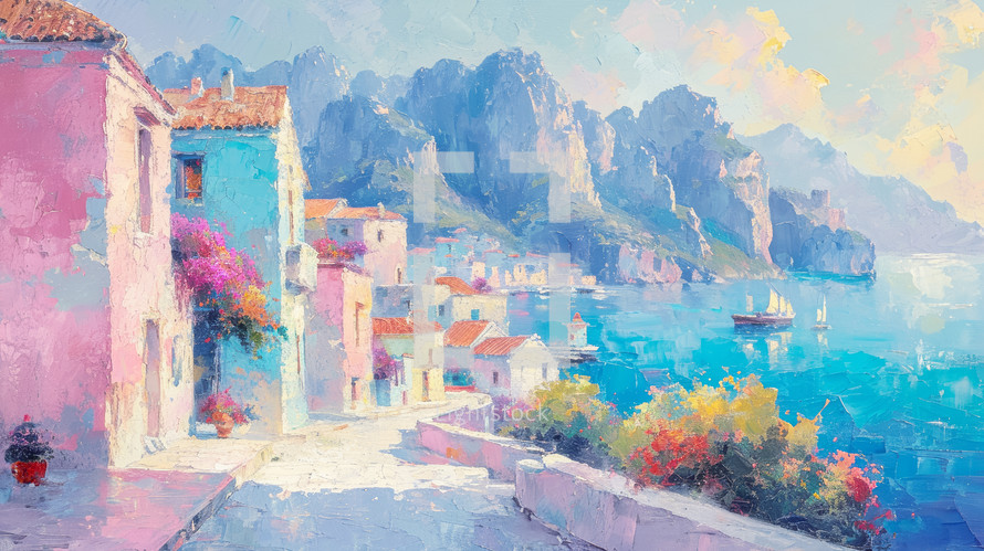 A vibrant French Riviera seascape painting, featuring pastel-hued buildings and blooming flowers against a backdrop of majestic cliffs and tranquil azure waters.