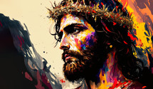 Abstract art. Colorful painting art of Jesus with a crown of thorns. Easter, crucifixion or Resurrection concept. He is Risen.